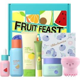 Fruit Skin Care Set 5 Piezas con Limpiador Yuzu, Tnico Vit C, Suero Sanda, Crema de Ojos Aguacate y Crema Hidratante Blueberry, Hidratacin para mujeres y nias