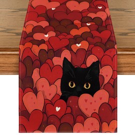 Artoid Mode Black Cats Red Hearts Valentine's Day Table Runner, Wedding Kitchen Dining Table Decoration for Home Party Decor 13x72 Inch