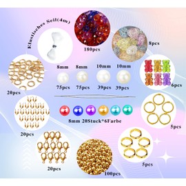 GREFIYAS Craft Bead Set for Threading, Colourful Beads for Bracelets, 8 mm / 10 mm White Beads, 6 Colours, 8 mm Craft Beads, Gold Beads, Bracelet Set Make Yourself, Jewellery Beads Children Adults