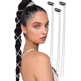 3 Pcs Silver Punk Long Rhinestone Hair Chains Tassel Hair Clips Bling Crystal Hair Extension Charm Hair Accessories Decorative Hairpin for Girls, Women