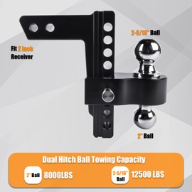 Black Adjustable Trailer Hitch 2-Inch Receiver with 8-Inch Drop/Rise for Truck 12,500 LBS GTW Heavy Duty Aluminum Tow Hitches with Two Anti-Theft Pins Locks 2 and 2-5/16 inch Balls AKWH