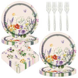 75pcs Floral Disposable Plates Set, Floral Party Supplies Plates Napkins Tablewares Disposabl Dinnerware Party Favors for Girls Women Birthday Tea Party Picnic Party Serve 25 Guests (Floral, 7in)