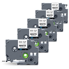 5-Pack TZe-211 TZe211 TZ-211 Compatible for Brother Label Maker Tape TZe 6mm 0.23 Laminated White for P Touch PT-H110 PTD-400 D220 D210 PTD-600 PTD610BT Label Maker, 1/4 Inch, Black on White