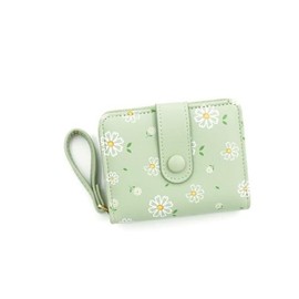 MOPQMKT 2pcs Fashion Purse Cute Daisy Pattern Women Wallet PU Leather Zipper Outside with Money Pocket Card Slot ID Window for Teens Foldable Purse, Green, Modern