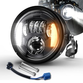 BWCarid 7 Inch LED Motorcycle Headlight Round DOT Approved with Housing Bucket Mounting Bracket Turn Signal DRL Hi/Low Beam for H-arley Yamaha Honda Cafe Racer Bobber Chopper (Fits 34-42mm Fork)