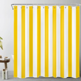 LB Yellow White Striped Shower Curtain, Simple Geometric Art, Anti-Mould, Waterproof Bathroom Curtains, Minimalist Polyester Fabric Bathroom Curtain with Hooks, 180 x 180 cm