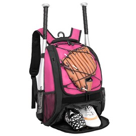 DAFISKY Youth Baseball Bag with Shoes Compartment - Baseball Backpack with Fence Hook for T-Ball & Softball Equipment & Gear, Holds Bat, Helmet, Glove(Pink)
