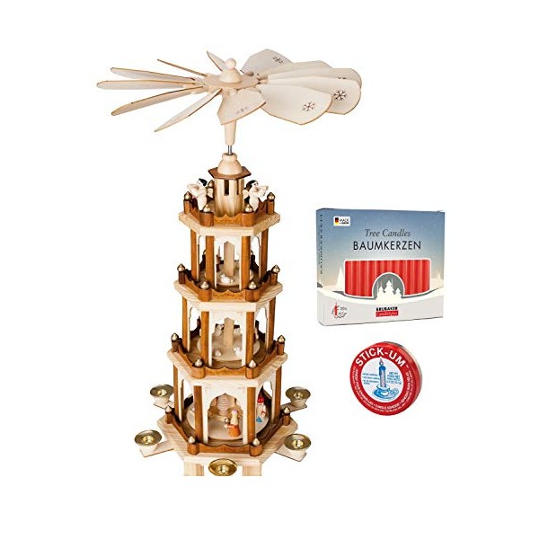 Set of BRUBAKER Christmas Pyramid 4-Tier 24 Inches + 20 Red Candles + Stick-Um Candle Adhesive