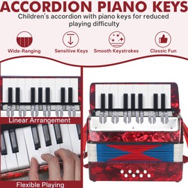 AKLOT 17 Key Piano Accordion, Lightweight Kids Accordion, Celluloid Accordions Brighter and Pure Tone than Plastic, Durable Metal Cover with Straps, Manual for Children, Beginners Acordeón (Red)