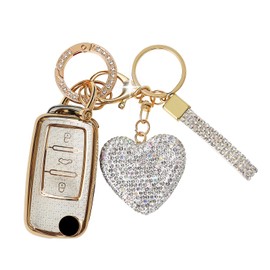 Car Key Case Cover with Diamond Bling Key Fob Made of Soft TPU, 3 Buttons Key Box for VW Golf Polo Passat Skoda Fabia Leon Ibiza Jetta Beetle Multivan T5, silver