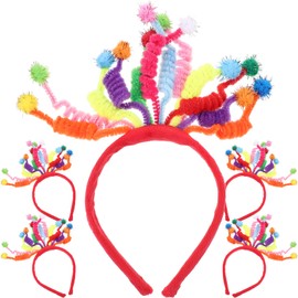 LOGOFUN 5pcs Pom Pom Headbands Colorful Ball Spring Headband Birthday Party Hair Accessories for Women Girls Birthday Gift