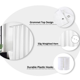 Flax linen like 240 GSM heavy, wide fabric shower curtain for bathroom with hooks, hotel luxury, washable, white, 152 x 180 cm