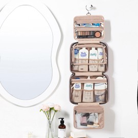 NISHEL Travel Toiletry Bag for women, Portable Hanging Organizer for Full-Sized Shampoo, Conditioner, Brushes Set, Makeup Accessories, Large Size, Peach Pink