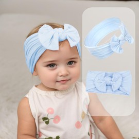 Kenjudess Super Stretchy Nylon Baby Girl Headbands with Big Bows Soft Elastic Knot Head Wrap Hair Accessories for Newborn Infant Toddler Kids (Blue, Standard)