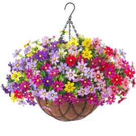 INXUGAO 12" Hanging Planter with Artificial Silk Daisy Flowers for Outdoor Decor, Faux Silk Flower UV Resistant Plants in Basket for Indoor Porch Garden Yard Spring Summer Decor(Rose Yellow)