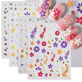 4 Sheets 5D Embossed Flower Nail Stickers for Nail Art Spring Summer Nail Stickers Floral Nail Art Stickers Self-Adhesive Stickers for Nails Designs Manicure Decorations for Women Girls