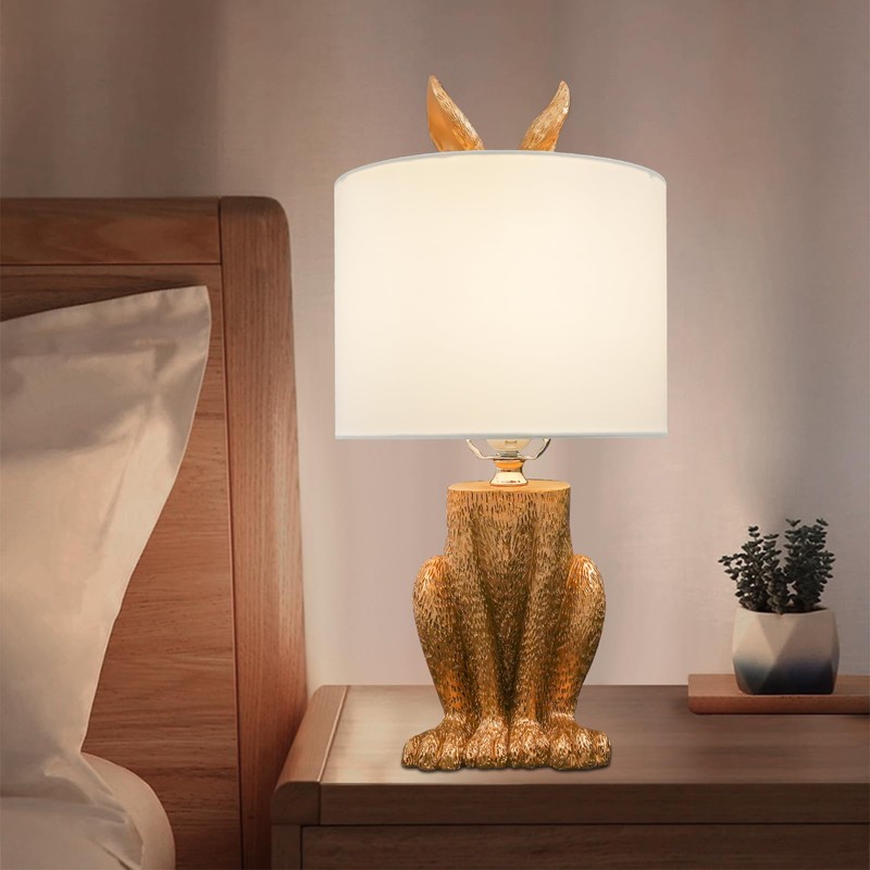 WPORDE Rabbit Table Lamp for Bedroomm, Resin Desk Light Golden