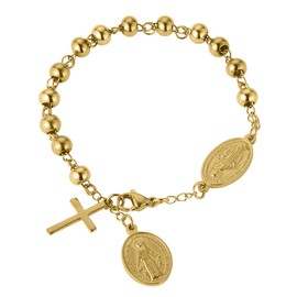 HENGBOFENG Gold Bracelets for Women and Men,Catholic Virgin Mary Cross Bracelet,Stainless Steels Bead Charm Link Chain Rosary Bracelets,Religious First Communion Confirmation Baptism Jewelry Gifts