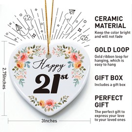 21st Birthday Gifts for Her, Happy 21st Birthday, Ornament Keepsake Sign Heart Shaped Plaque Gift for 21 Year Old Birthday Gifts for Women Daughter Granddaughter Niece Sister Friends Girlfriend