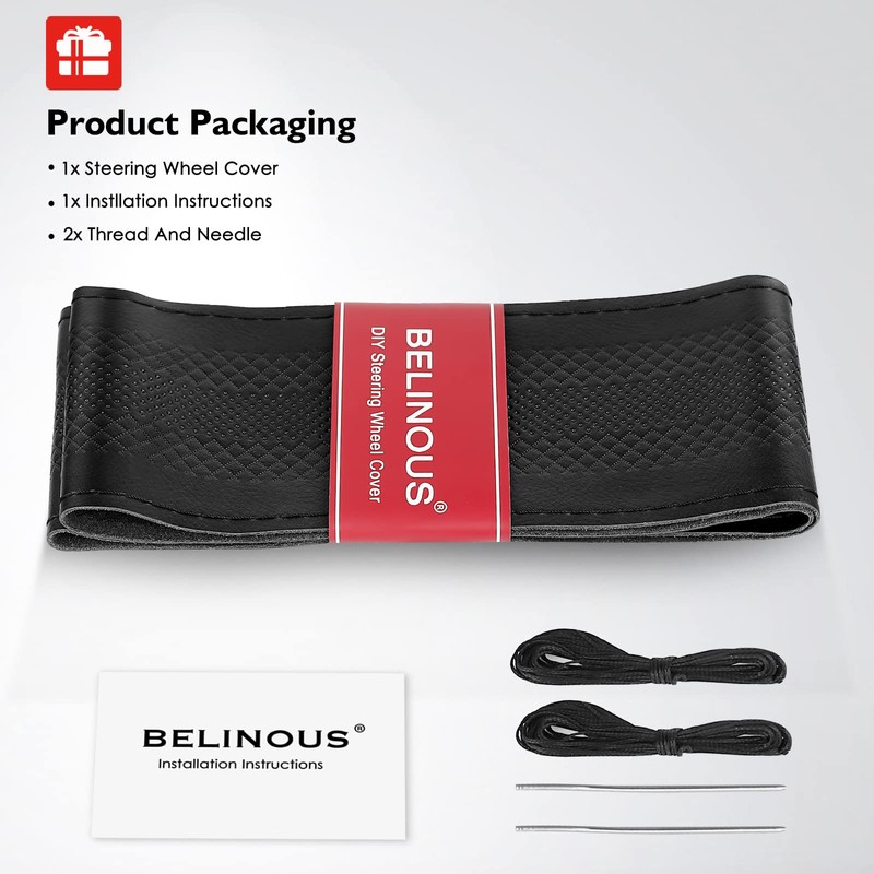 BELINOUS Steering Wheel Cover Leather for Car (Size M5, Black)