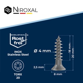 Torx Stainless Steel Screws 4 x 20 Stainless Steel V2A Rustproof Chipboard Screws for Wood Full Thread 4 mm Thick 20 mm Long Pack of 100 Rustproof Wood Screws A2