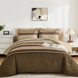 WONGS BEDDING Comforter Set Full Size, Brown Striped 7 Pieces Bed in a Bag Comforter and Sheet Set, Bohemian Soft Lightweight Micorfiber Bedding Set for All Season (78"×90")