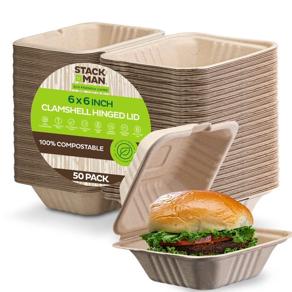 100% Compostable Clamshell Take Out Food Containers [6x6" 50-Pack] Heavy-Duty Quality to go Containers, Natural Disposable Bagasse, Eco-Friendly Biodegradable Made of Sugar Cane Fibers