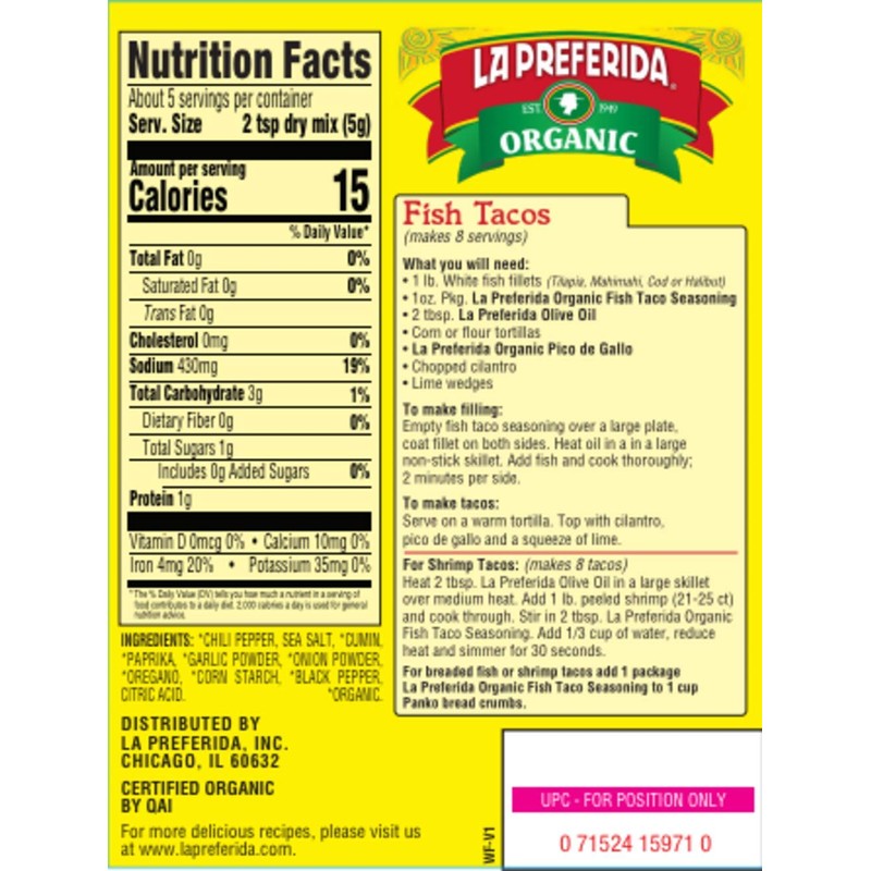 La Preferida Mexican Foods, Organic Fish Taco Seasoning, No MSG