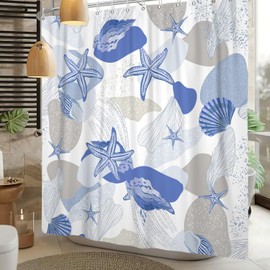 DASHAN Blue Nautical Coastal Shower Curtain Beach Ocean Shower Curtains for Bathroom Starfish Seashell Bathroom Curtain Summer Tropical Marine Cloth Shower Curtain 72"x72"