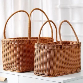 PP rattan picnic basket handle picnic bag brown, medium / PP 라탄 피크닉 바구니 손잡이 소풍가방 브라운, 중
