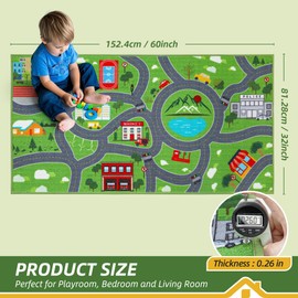BEQHAUSE Kids Play Mat 2pcs, Green City Traffic Road Kids Room Rug Great for Playing with Cars, 32"x60" Play Area Rug Car Rugs for Children's Bedroom, Toddler Classroom and Baby Playroom