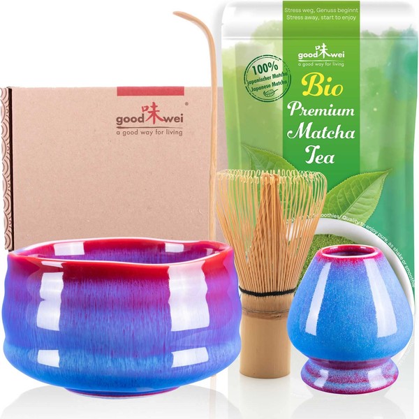 Goodwei Matcha Tea Ceremony Set: Ceramic Bowl, Matcha Whisk, Spoon and 30g Organic Matcha Green Tea (Seiun)