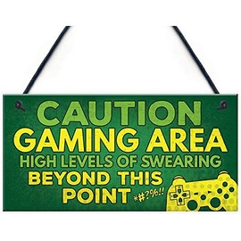 POWERMAZ Caution Gaming Area Novelty Gamer Wood Signs Gift for Son Brother Dad Man Cave Boys Room Bedroom Door Plaques Decor 12x6(BW1975)