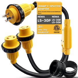 NEMA L5-30P to (2) L5-30R 30 Amp Y Splitter Shore Power Adapter, 30A Male Plug x (2) 30A Female Receptacle with Locking Rings & Collar, 125V Heavy Duty 10AWG*3 for Marine Boat RV Camping(ETL Listed)