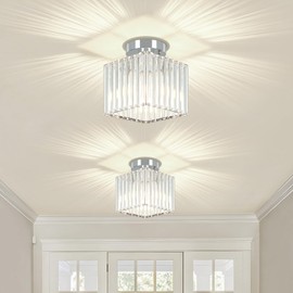 GZBEINI 2-Pack Crystal Semi Flush Mount Ceiling Light, Modern Chrome Hallway Light Fixtures Small Square Entryway Chandeliers for Bathroom Bedroom Kitchen Dining Room Laundry