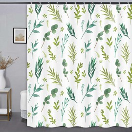 ICTEISOM Green Leaves Shower Curtain, Watercolor Plant Floral Eucalyptus Leaf Bathroom Shower Curtain Sets, Botanical Decor Rustic Nature Art Boho Fabric Bath Curtain with Hooks 72x72 Inch