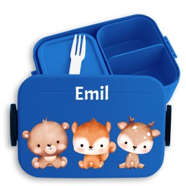 Kinder Bento Box Midi Lunchbox für Mepal Bentobox - Tiere - Waldtiere mit Name - Bär Eichhörnchen Reh - 900 ml - Blau - brotdose mädchen kindergarten tieren bären jausenbox