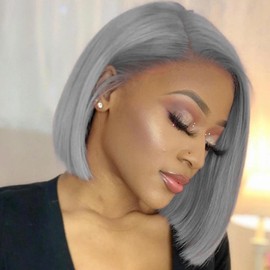 CUEKT 13x6 Grey Bob Lace Frontal Wig Human Hair Short Straight Transparent Front Wig Natural Density Pre Plucked Hairline Colored Gray Bob Wigs for Women 12 Inch