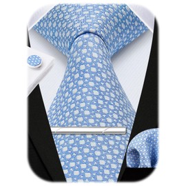 HISDERN Men's Wedding Ties and Pocket Square Tie Plaid Cufflink Tie Clip Set, Blue 2