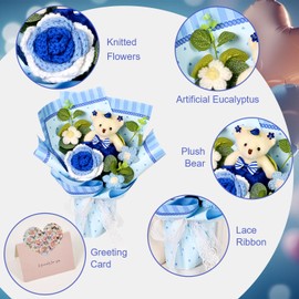 Hlenbin Crochet Flowers Bouquet - Crochet Rose Daisies Knitted Flowers Bouquet with Bear for Graduation Birthday Anniversary Home Décor Blue