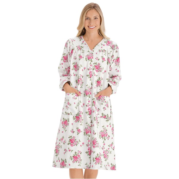 Collections Etc Floral Print Snap Front Long-Sleeve Flannel Robe with