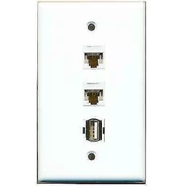 Wallplate City 1 Gang Flat 2 CAT6 1 USB Coupler Jack Port Wall Plate White- Hide Cables Wires