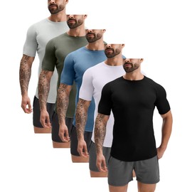 GYM REVOLUTION Men's 5 Pack Workout Gym Hipster Curved Hem Hip Hop Muscle Fitness Raglan Sleeve T Shirts Black White Blue Green Grey M