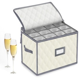 VERONLY China Storage Containers, Wine Glass Storage Box with Dividers, Holds 12 Champagne Flute Glasses up to 10" Tall, Stemware Storage Case, Durable Quilted Microfiber Bin with Carry Handles