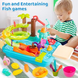 Juboury Play Sink with Running Water, Kitchen Sink Toys with Manual Faucet, Unique Water Slide Track, Pool Floating Magnetic Fishing Toys, Pretend Play Kitchen Accessories for Kids Girls Boys Toddlers