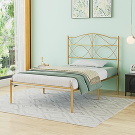 VECELO Twin Size Metal Platform Bed Frame with Headboard and Footboard,Sturdy Slats Support Mattress Foundation, No Box Spring Needed, Gold