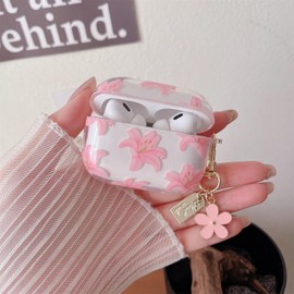 MINSCOSE Compatible with AirPods Pro/Pro2 Clear Case, Cute Flower Pattern Design with Floral Key Ring, Soft TPU Protection, Shockproof Cover for AirPods Pro/Pro2 for Women, Girls, Pink
