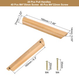 sourcing map 20Pcs Wood Drawer Pulls Handles, 160mm/6.3" Hole Spacing Beech Wood Cabinets Drawer Knobs Pull Handles for Kitchen Cabinets Dresser Furniture, Wood Color