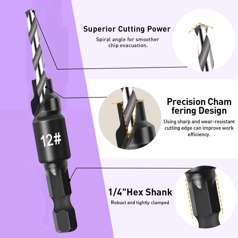 Countersink Drill Bit Set, 5 Piece Woodworking Chamfered Set with
