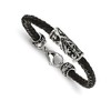 Chisel Stainless Steel Polished Antiqued Fleur De Lis Black Leather